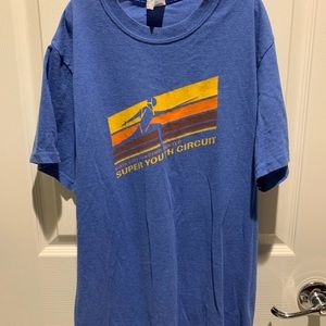 Blue graphic tee with fencing graphic